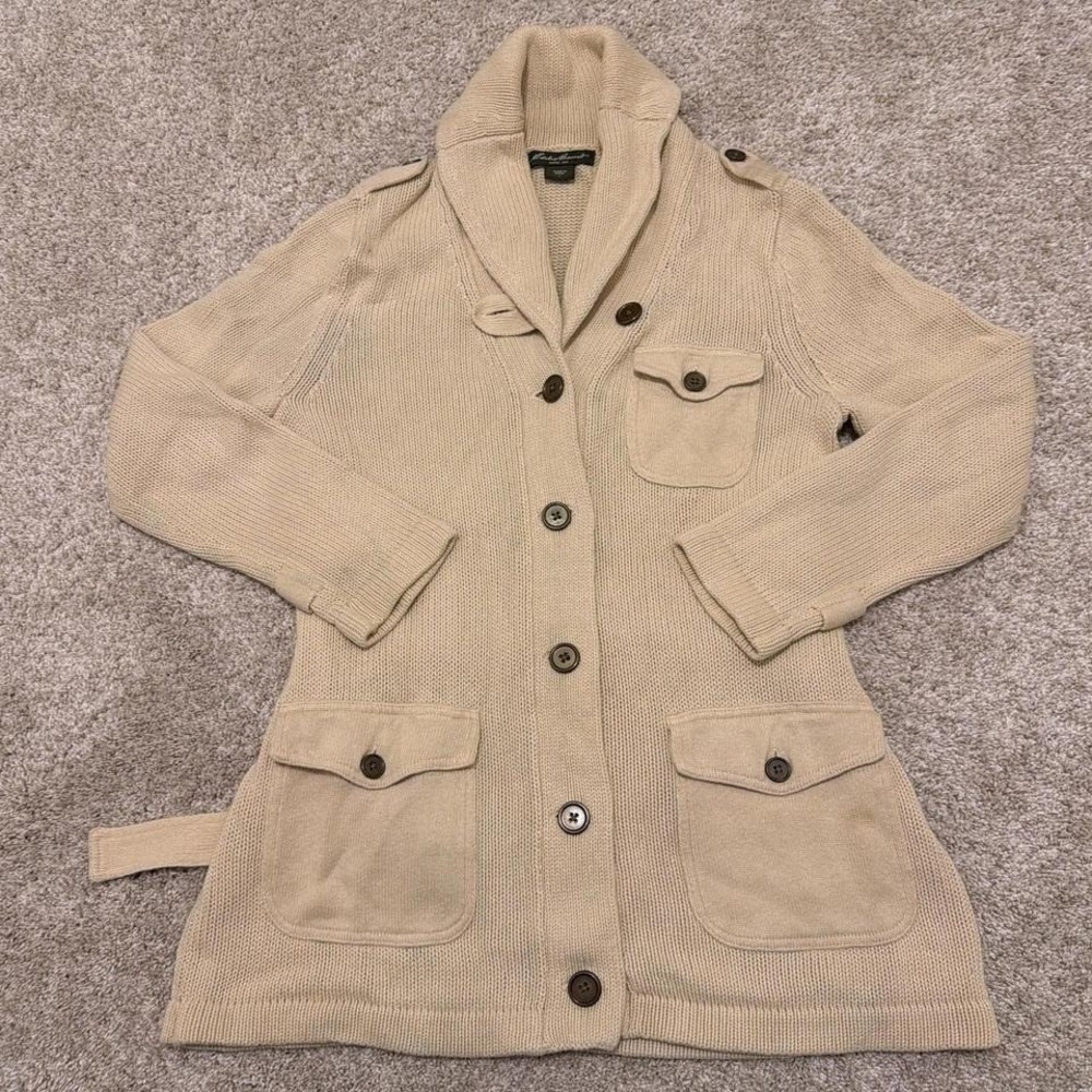 Vintage and Eddie Bauer Knit Belted Cardigan Jacket | Cream | Large